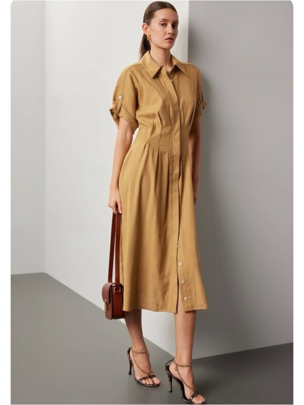 Veronica Beard Tan Button-Front Midi Shirt Dress